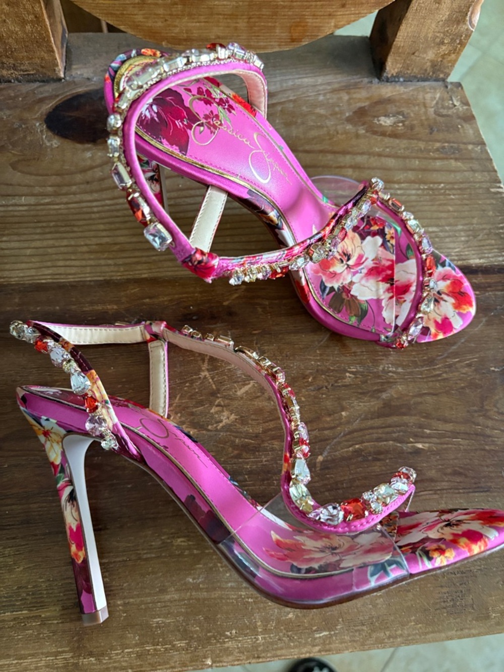 Jessica Simpson Pink Floral Jeweled Heeled Sandals